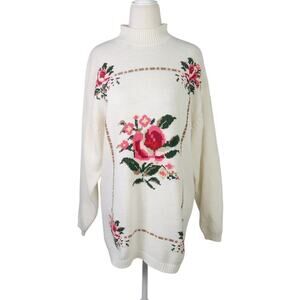Vintage 90s ChinaWear by Morsly Cream and Pink Floral Mockneck Sweater M